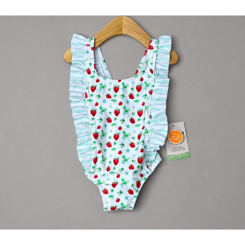 NWT The Oaks Apparel Strawberries Ruffled One-Piece Swimsuit Girls 2 Yrs
